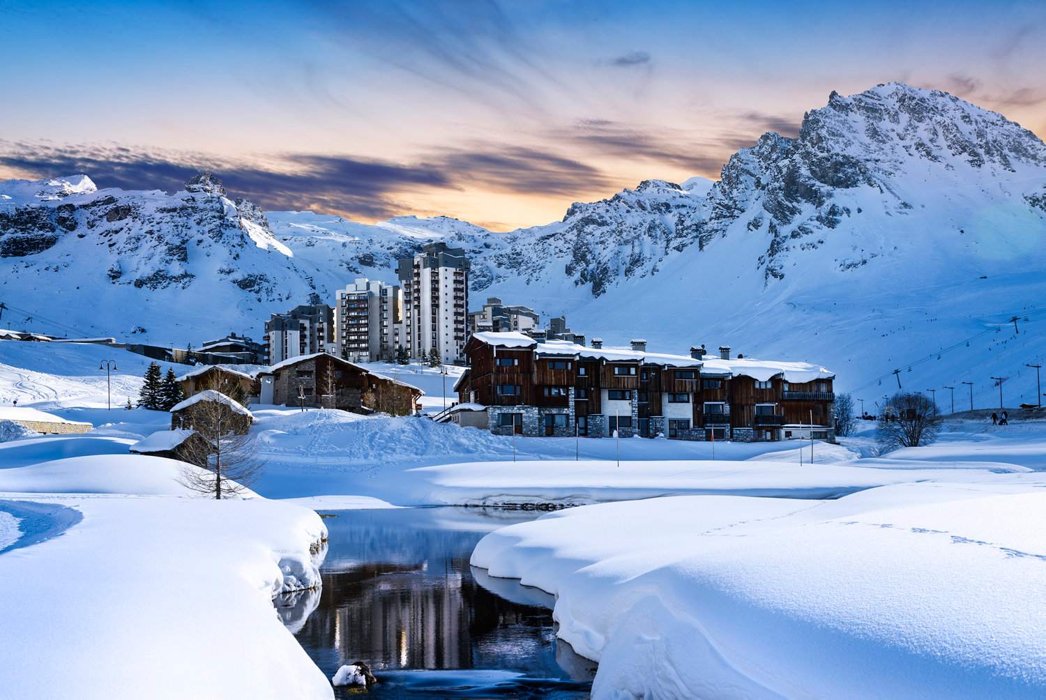 Evening landscape and Club Med ski resort in French Alps,Tignes, France